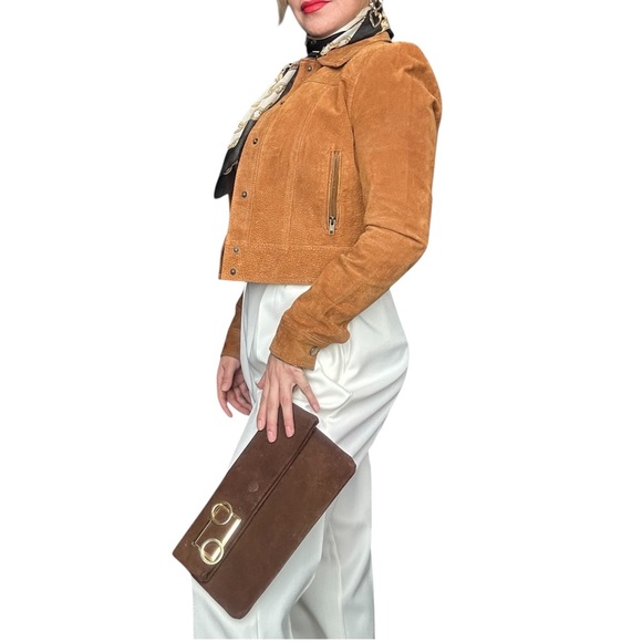 Handbags - Brown leather clutch with minimalist gold-tone details and gold chain wristlet